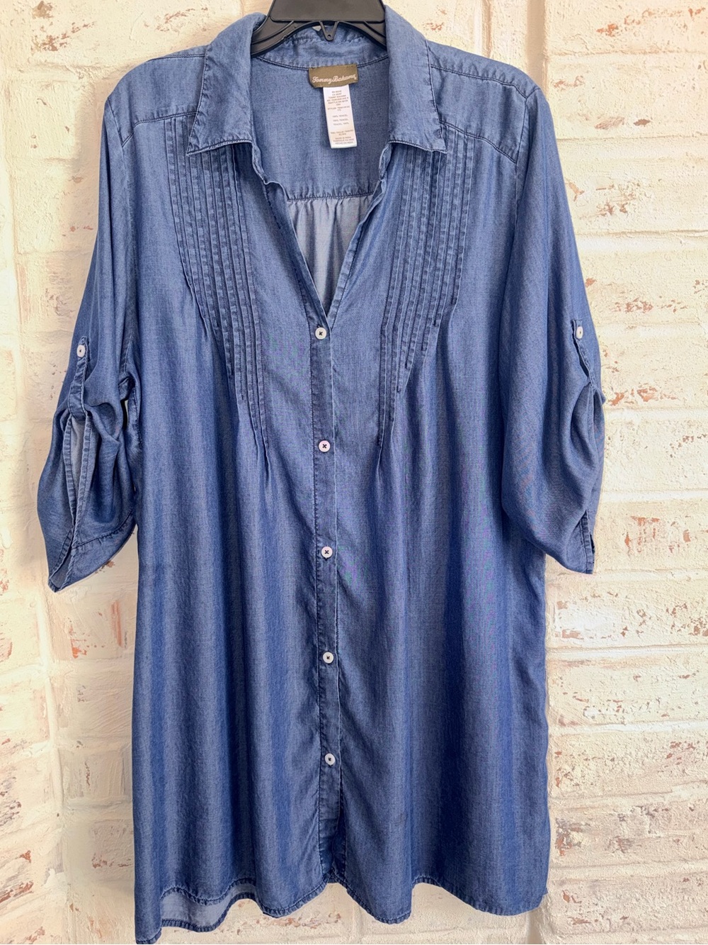Tommy Bahama Chambray Lyocell Tunic XL Blue Roll Sleeves Boyfriend Fit Cover Up